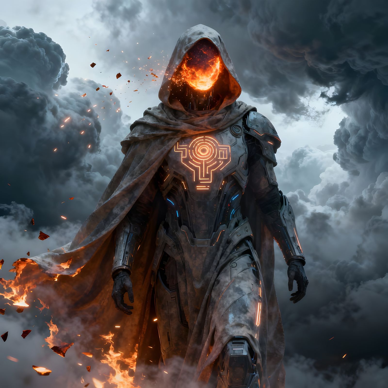 Futuristic Celestial Warrior in Fiery Cloak