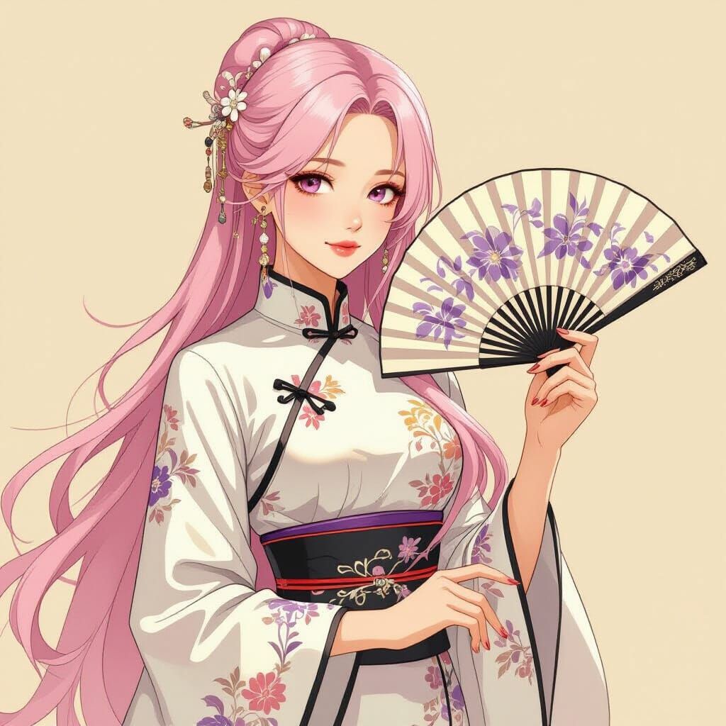 Pink-Haired Girl in Qipao with Fan, Art Nouveau Style