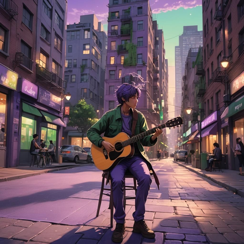 Anime Musician in Lilac Cityscape Concept Art