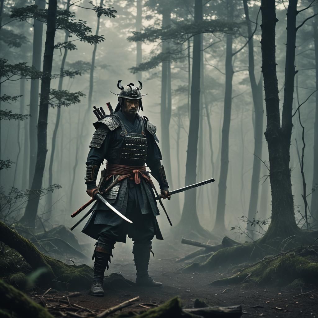 Ronin Warrior in Misty Forest, Cinematic HDR Photography