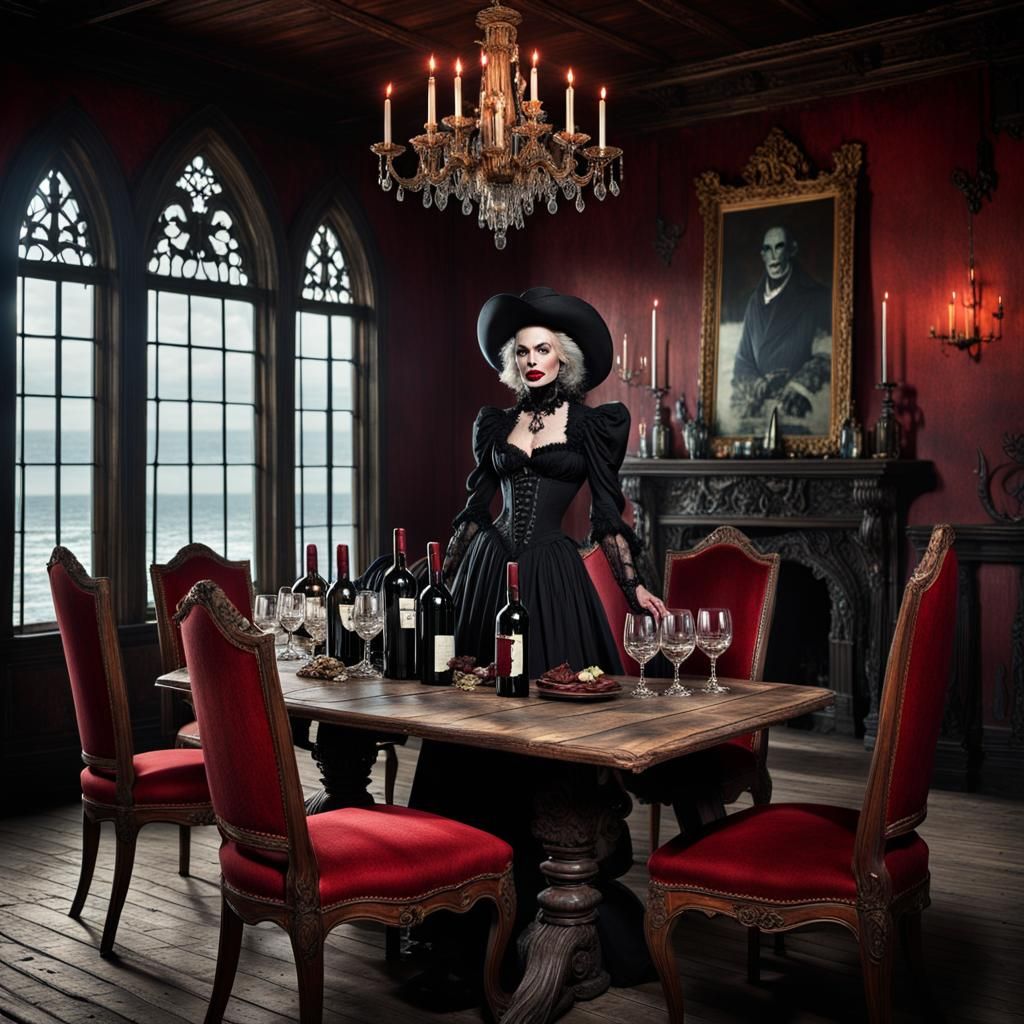Supermodel Vampire Wine Party in Gothic Dining Room