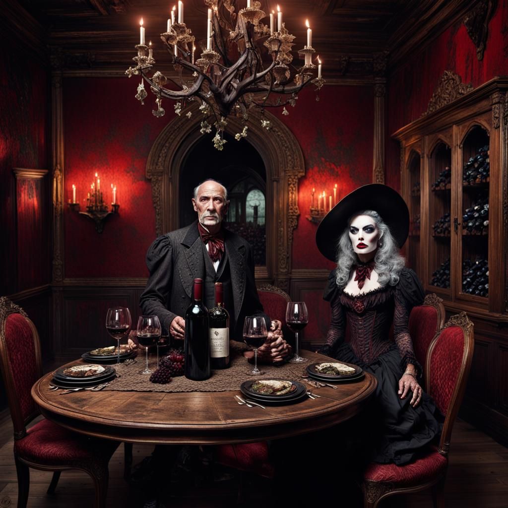 Supermodel Vampire Wine Party in Gothic Dining Room