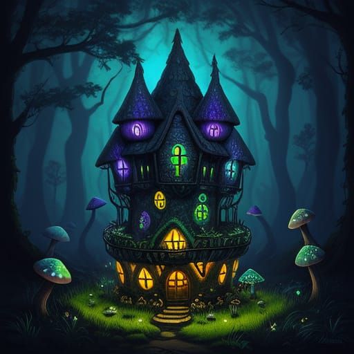 Gothic Fairy Mushroom House in Enchanted Bioluminescent Fore...