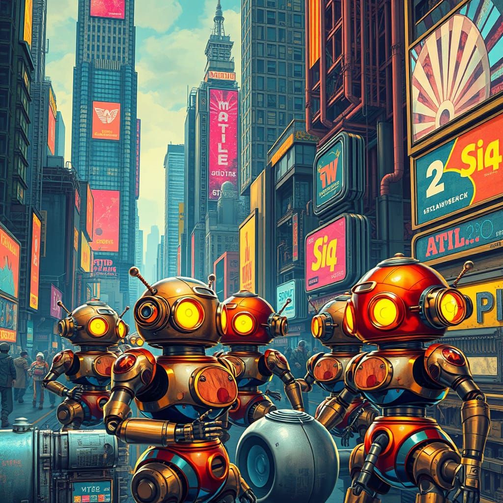 Retro-Futuristic Robots in a Vibrant Cityscape
