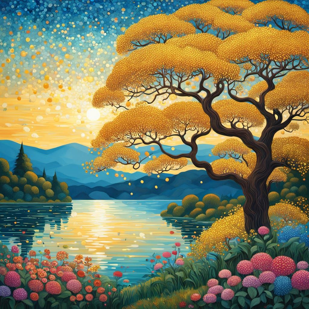 Klimt-Style Trees with Flowers and Shimmering Lake