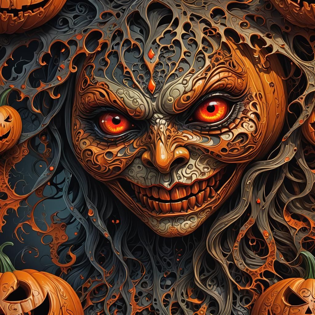 Eerie Fractal Pumpkin Witch: Gothic Digital Art