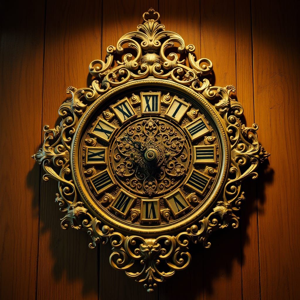 Ornate Golden Clock in Dreamlike Anime Style