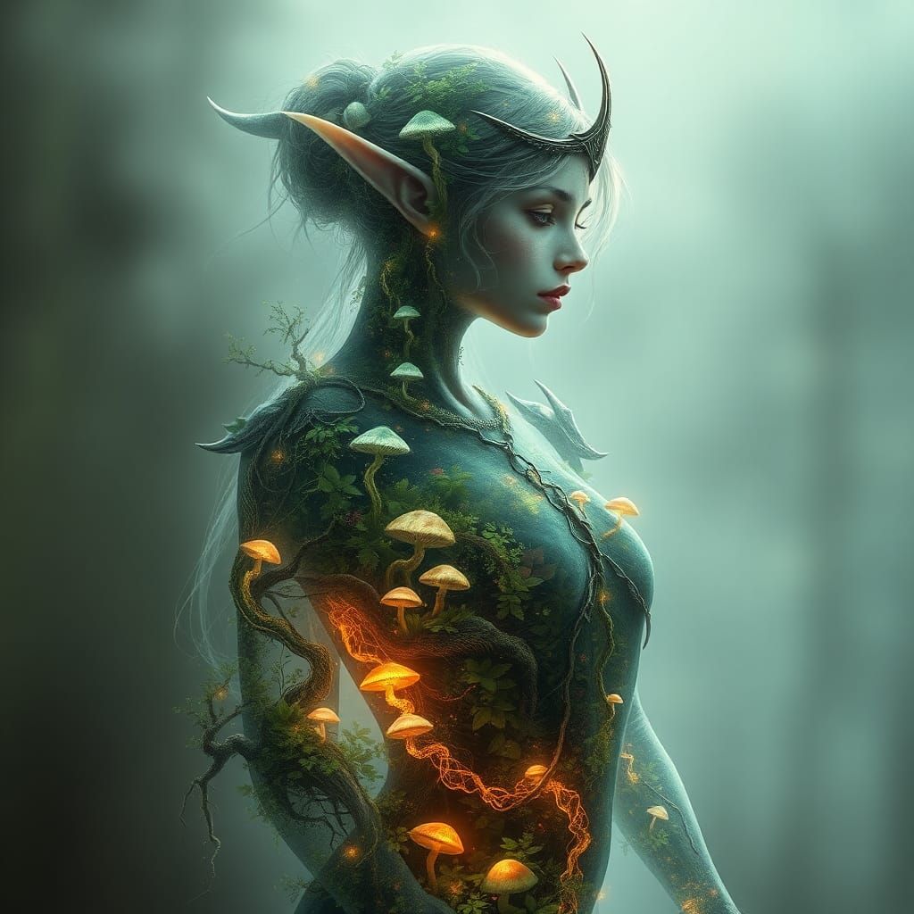 Ethereal Elf Merging with Enchanted Forest