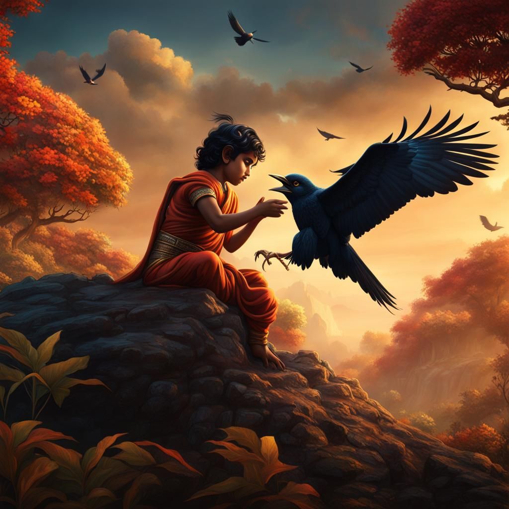 Bhagwan Shree Ram and Crow: Detailed Fantasy Art