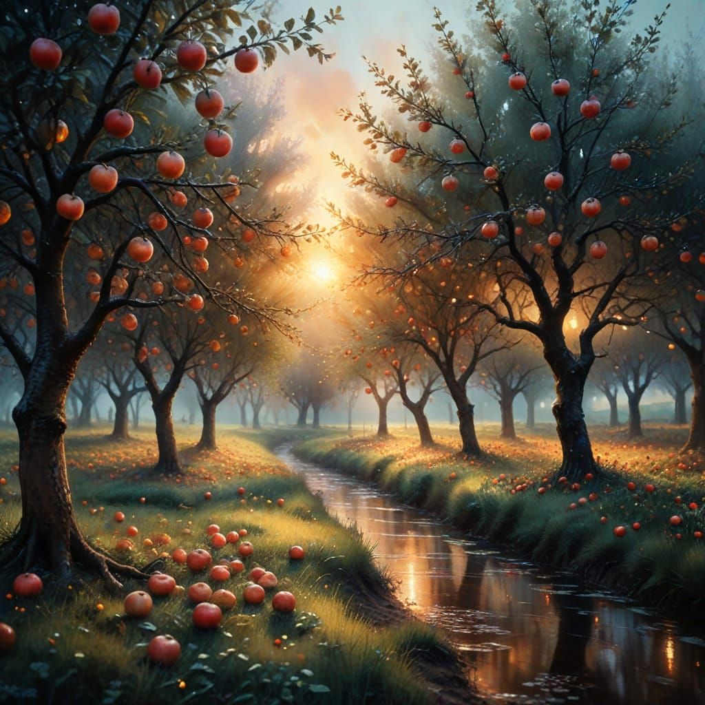 Mystical Apple Orchard at Sunset in Dreamy Watercolor Style