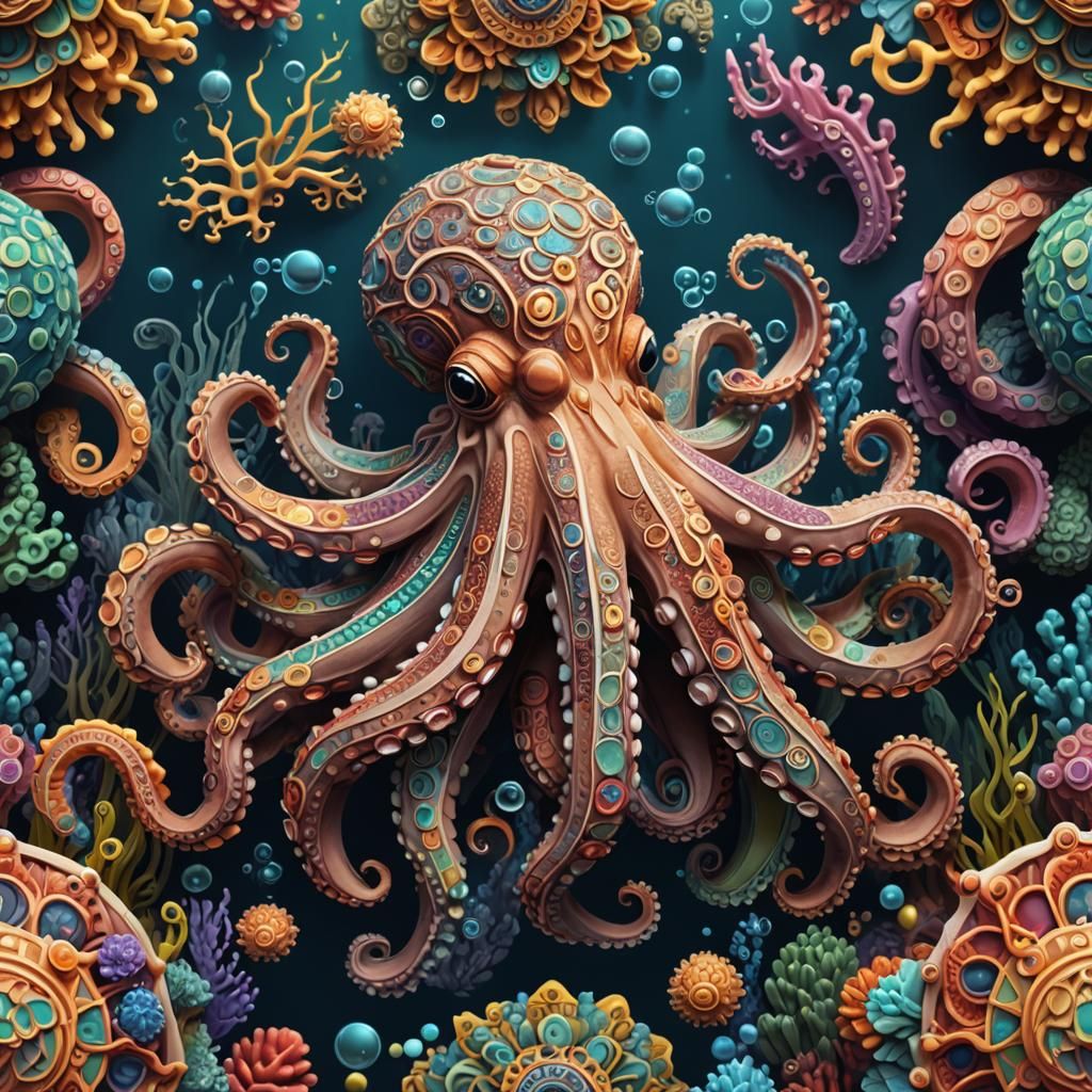 Colorful Underwater Octopus Mandala in 3D