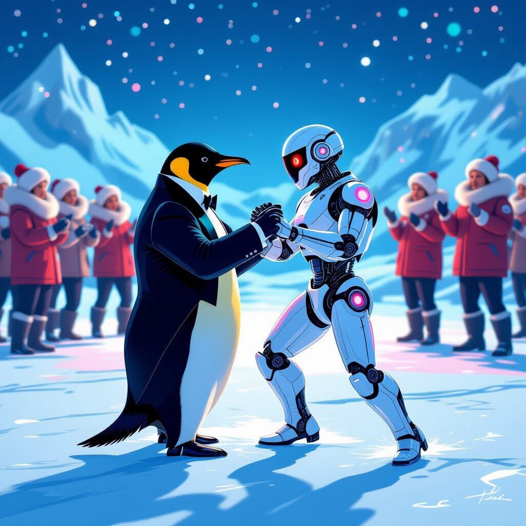 Tangoing Penguin and Robot in Futuristic Arctic