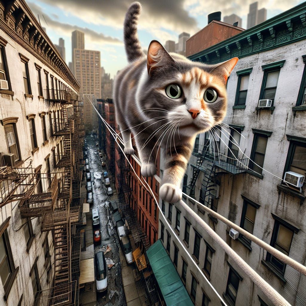 Hyper-Realistic Cat on Rooftop Clothesline in New York City