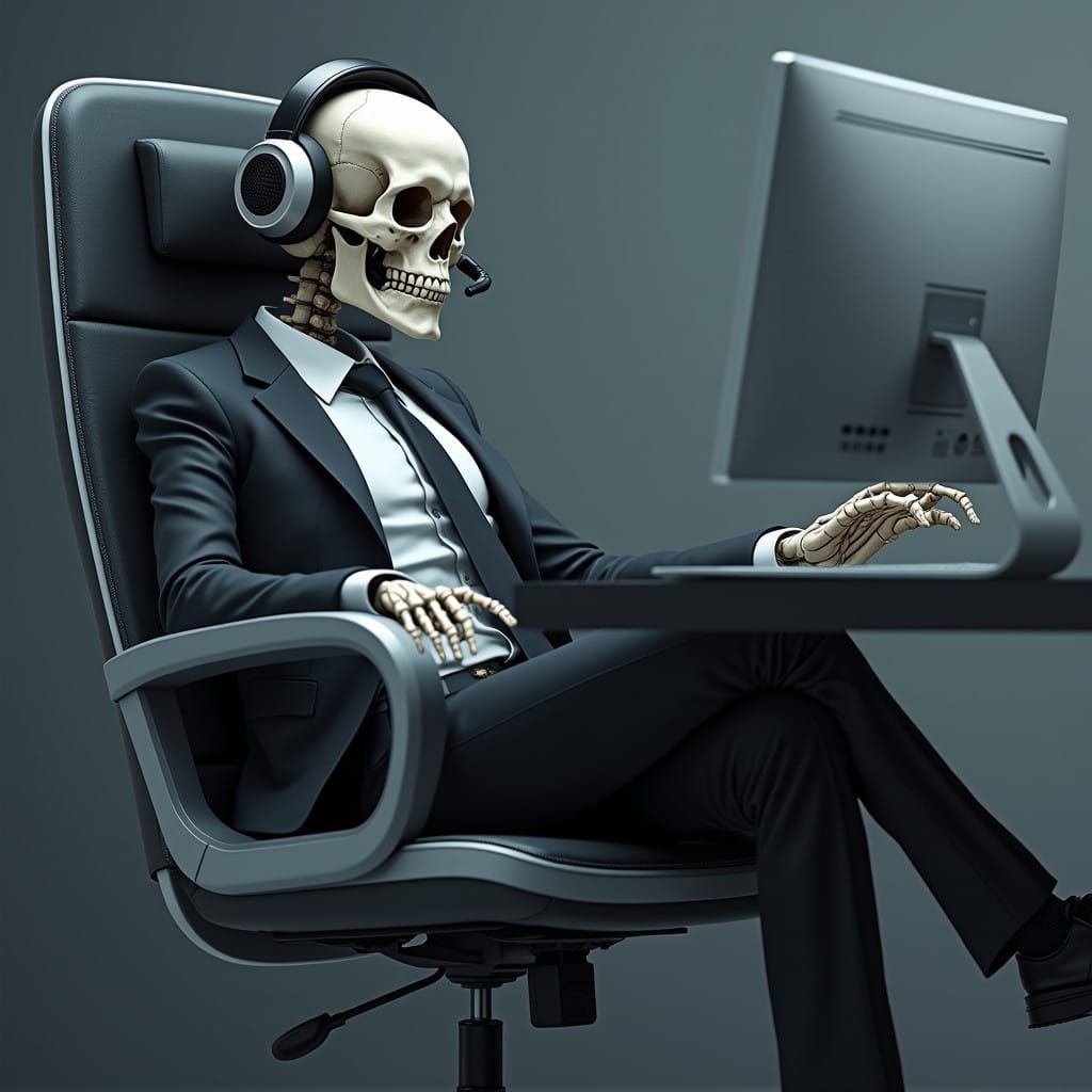 Surreal Business Skeleton in Futuristic Office