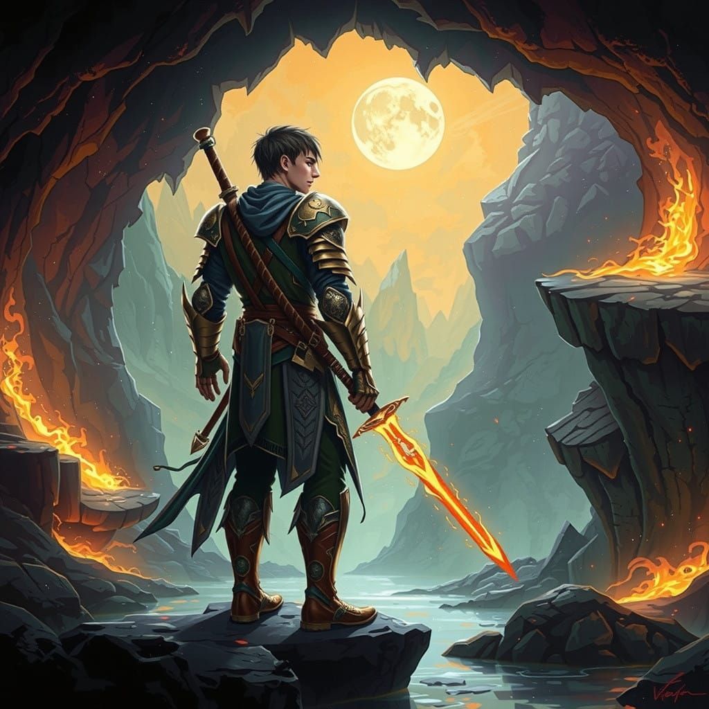 Heroic Warrior Wields Blazing Magic Sword in Ancient Cave