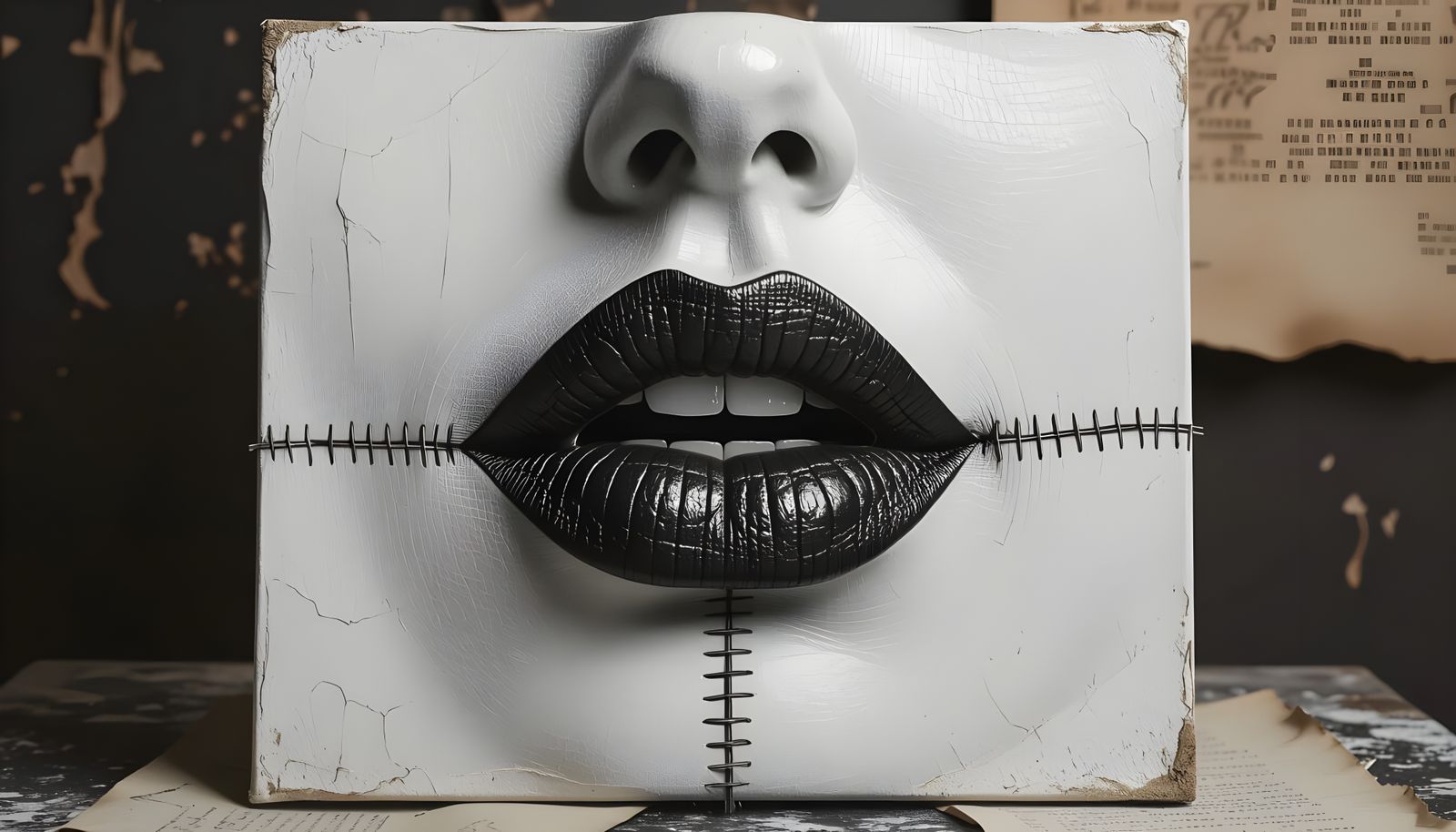 Dissected Lips on Textured Canvas in Golden Light