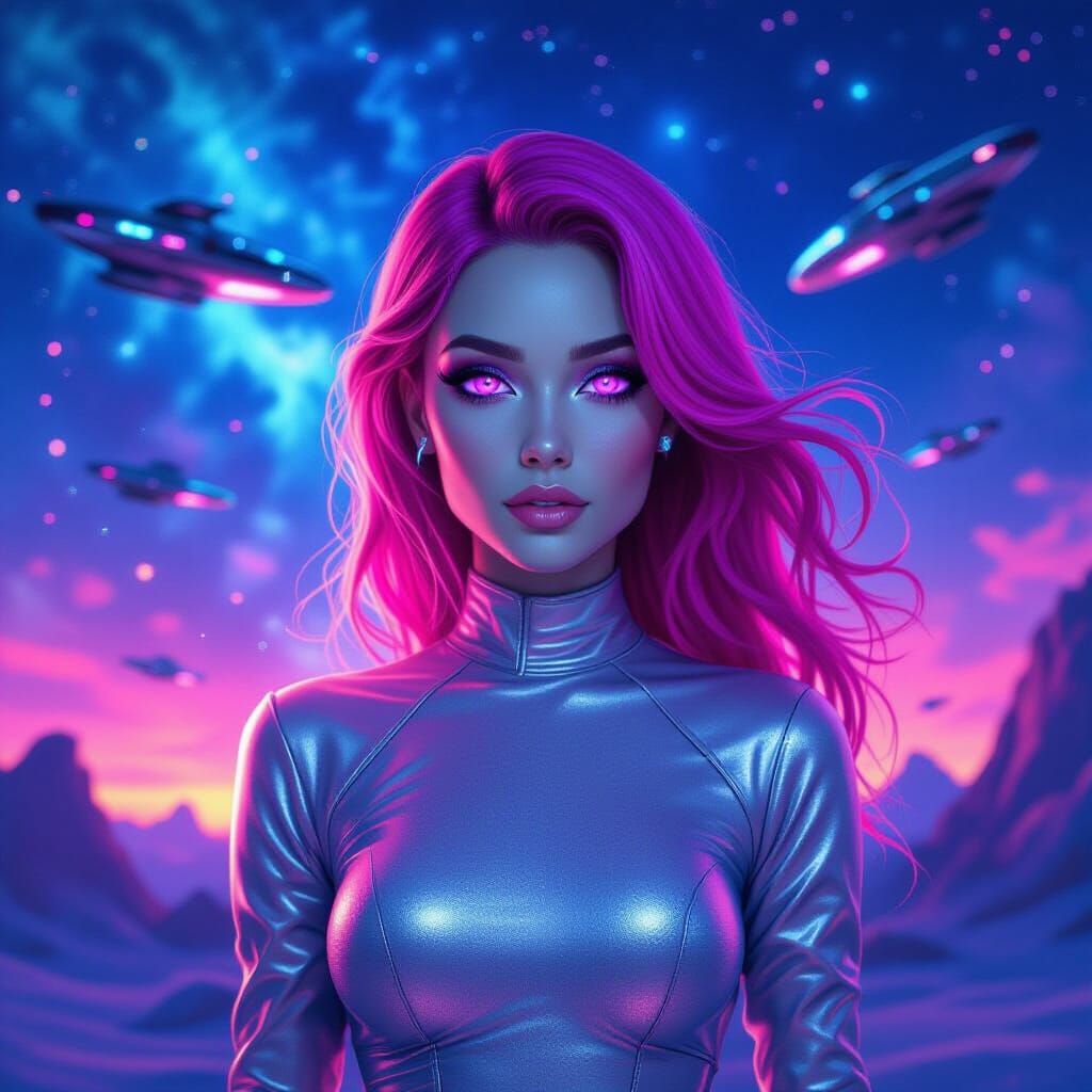 Neon-Lit Alien Woman in Galaxy Landscape