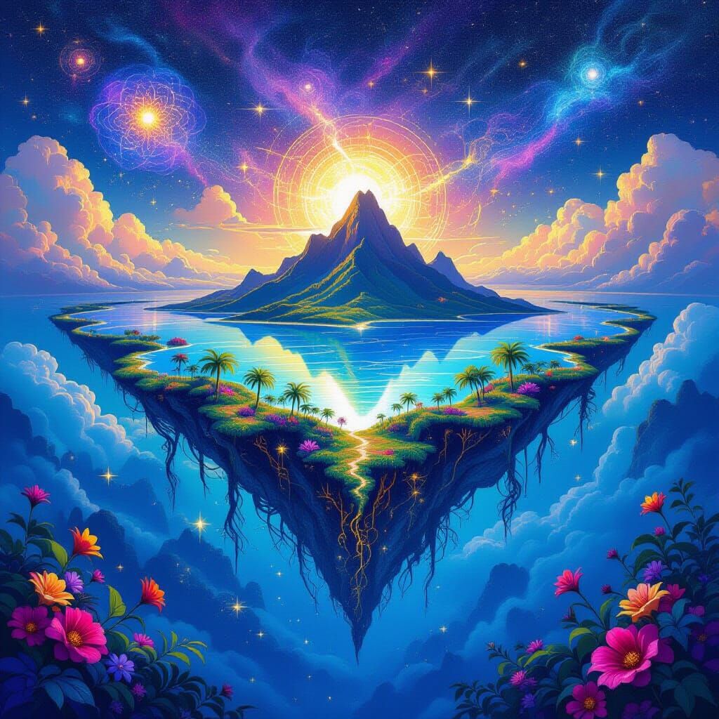 Floating Polynesian Islands in Cosmic Sky Illustration