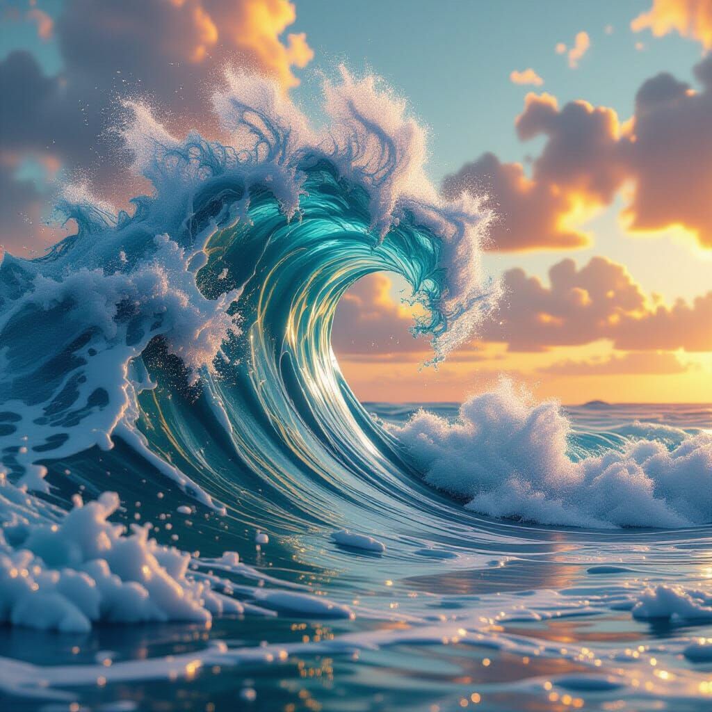 Majestic Wave Crashes on Shore in Orange and Teal