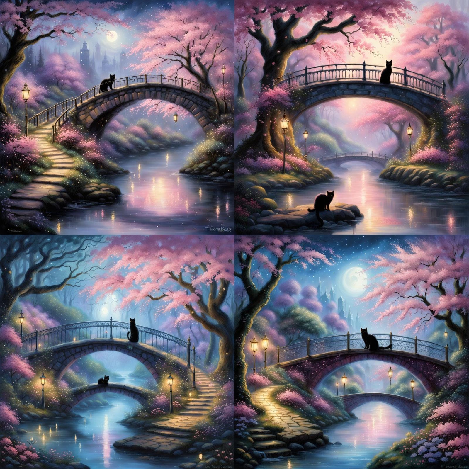 Enchanted Forest at Night with Black Cat