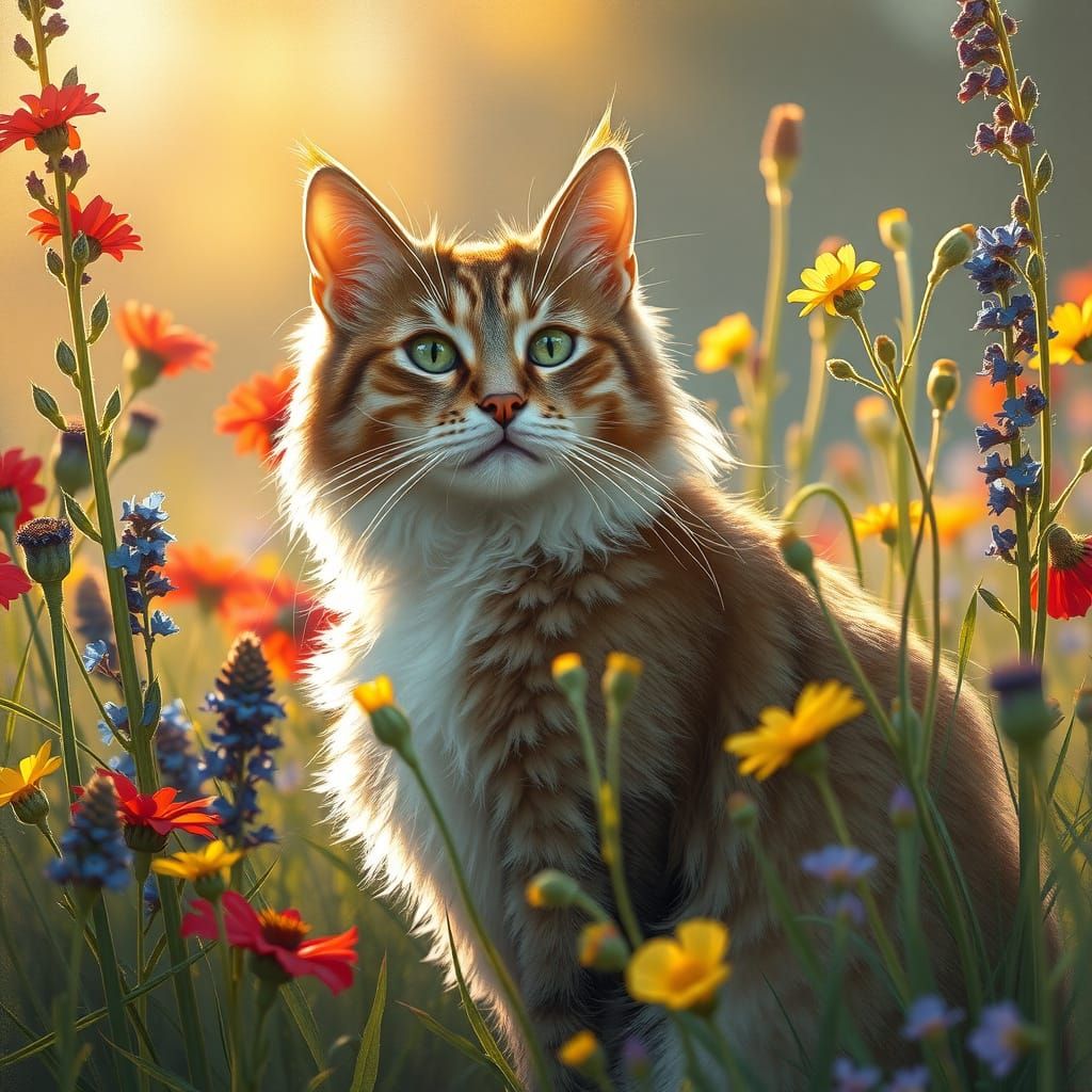 Cat in Wildflowers: Impressionistic Late Afternoon Sunlight
