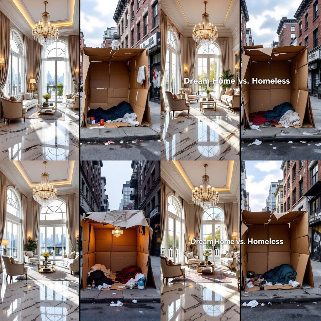 Dream Home vs. Homeless Street: A Striking Contrast