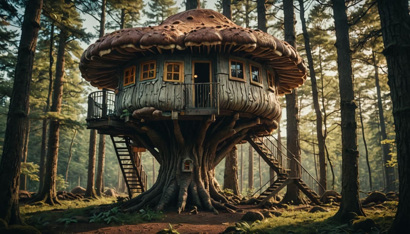 Cinematic Mushroom Treehouse Film Still