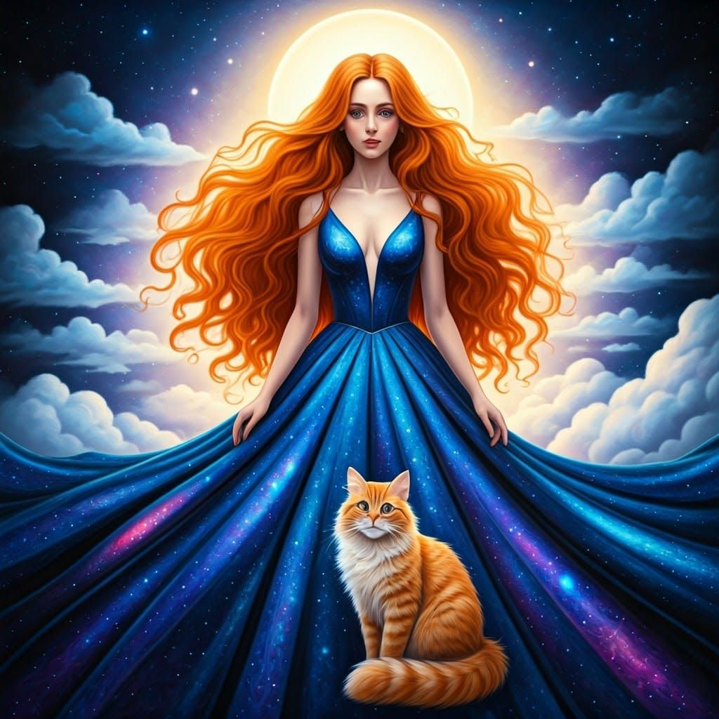 Ginger Goddess in Stained Glass Galaxy Dress Amidst Nebula