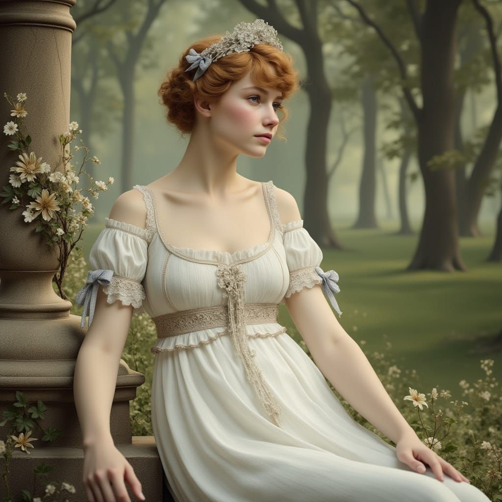Girl in Regency Costume in Palladian Garden