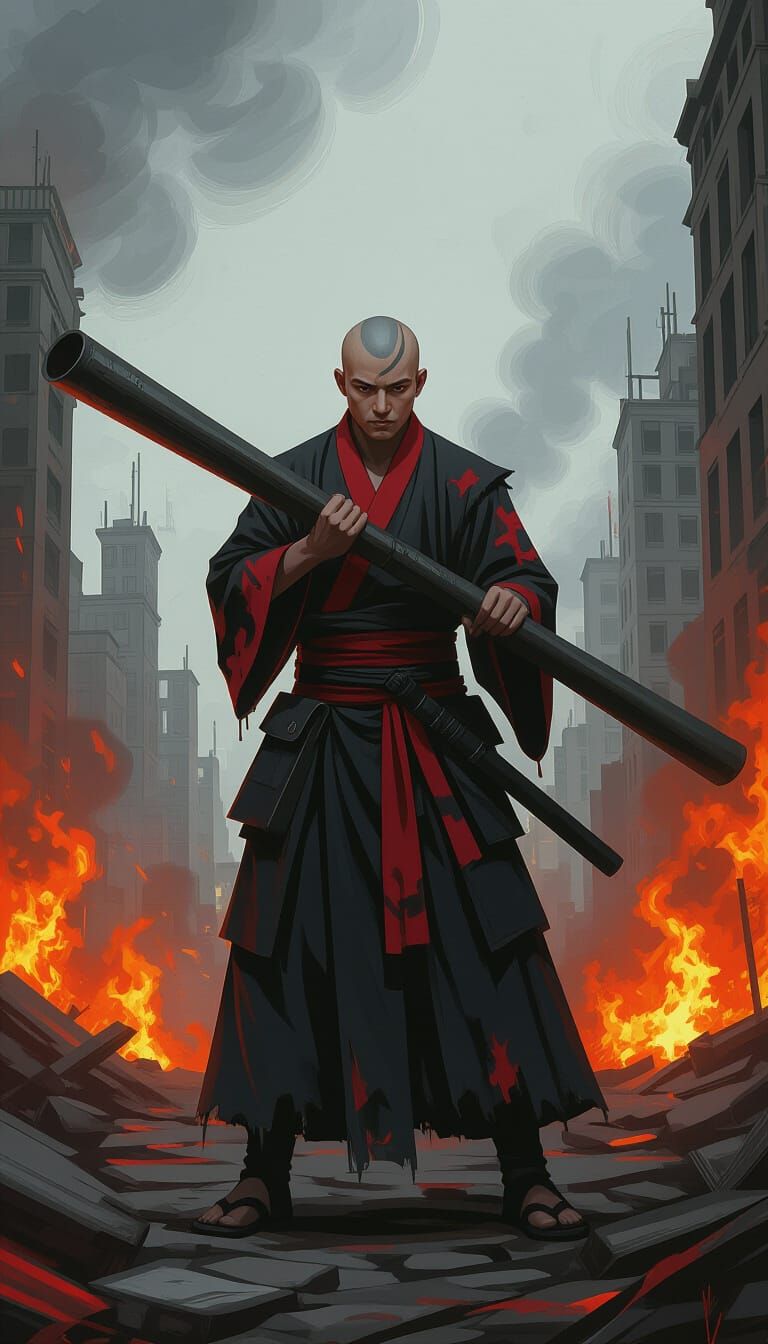 Bald Monk Aims Pipe in Hellfire Cityscape
