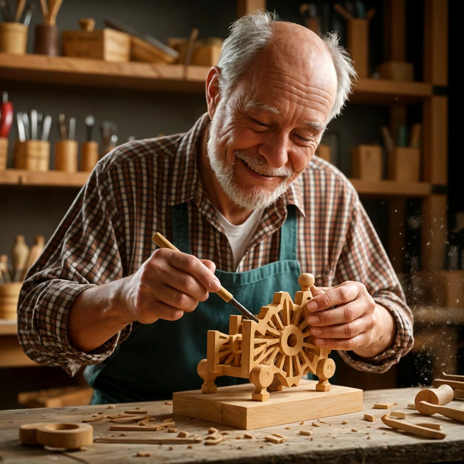 Grandfather Crafts Wooden Toy in Serene Workshop