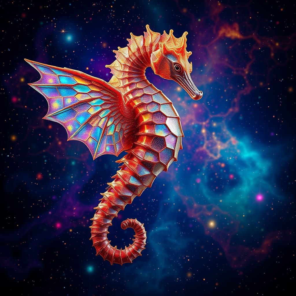 seahorse with wings, made of hexagons, with cosmic universe ...