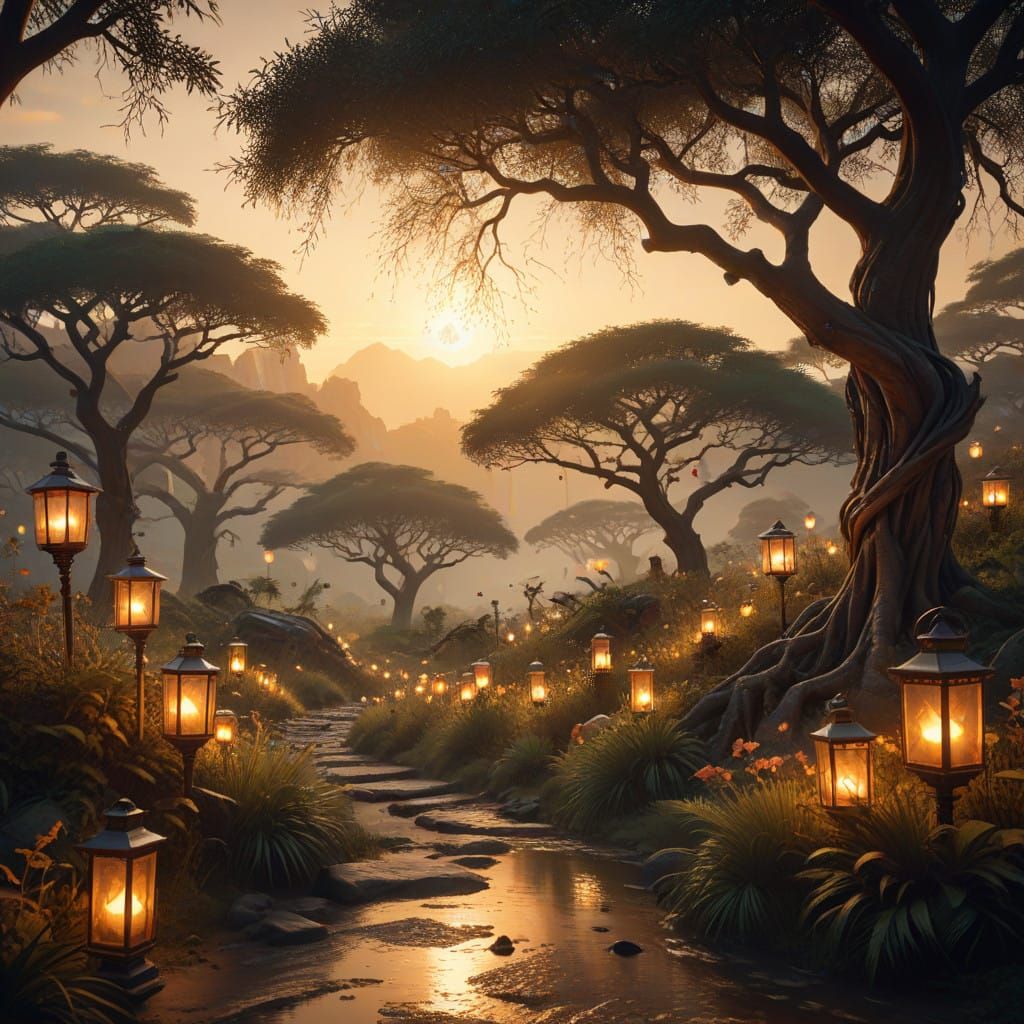 Vibrant Savannah Dreamscape with Majestic Acacia Trees