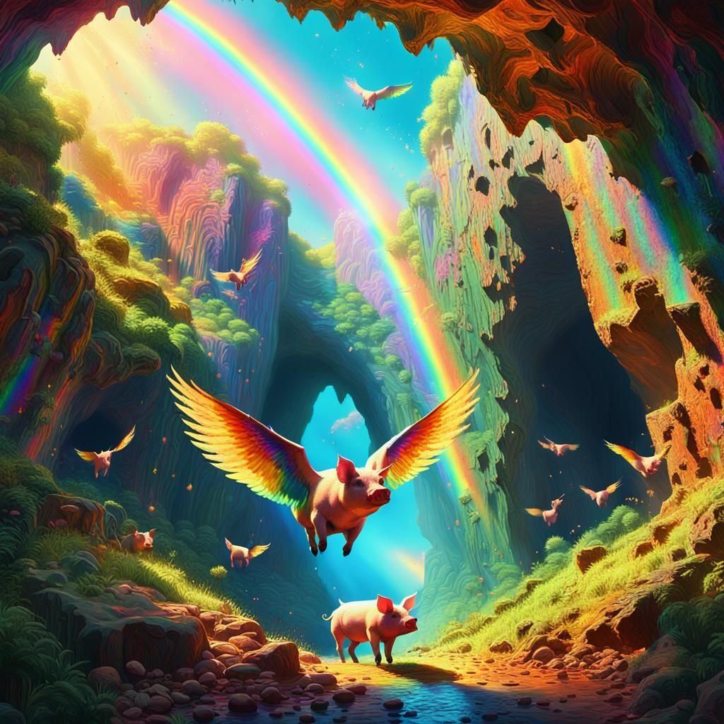 Winged Pigs Ascend Rainbows in Fauvist Style