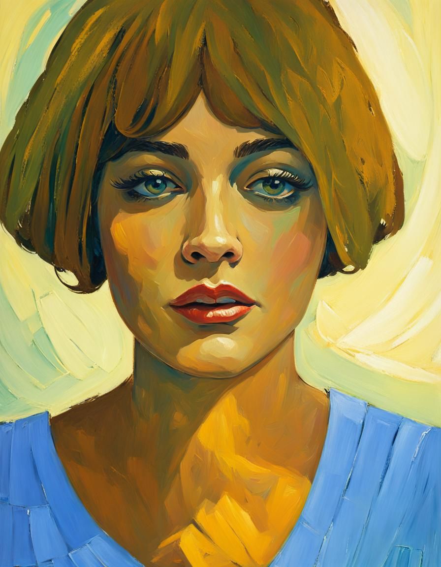 Stunning Woman in Yellow Dress: Post-Impressionist Oil Paint...