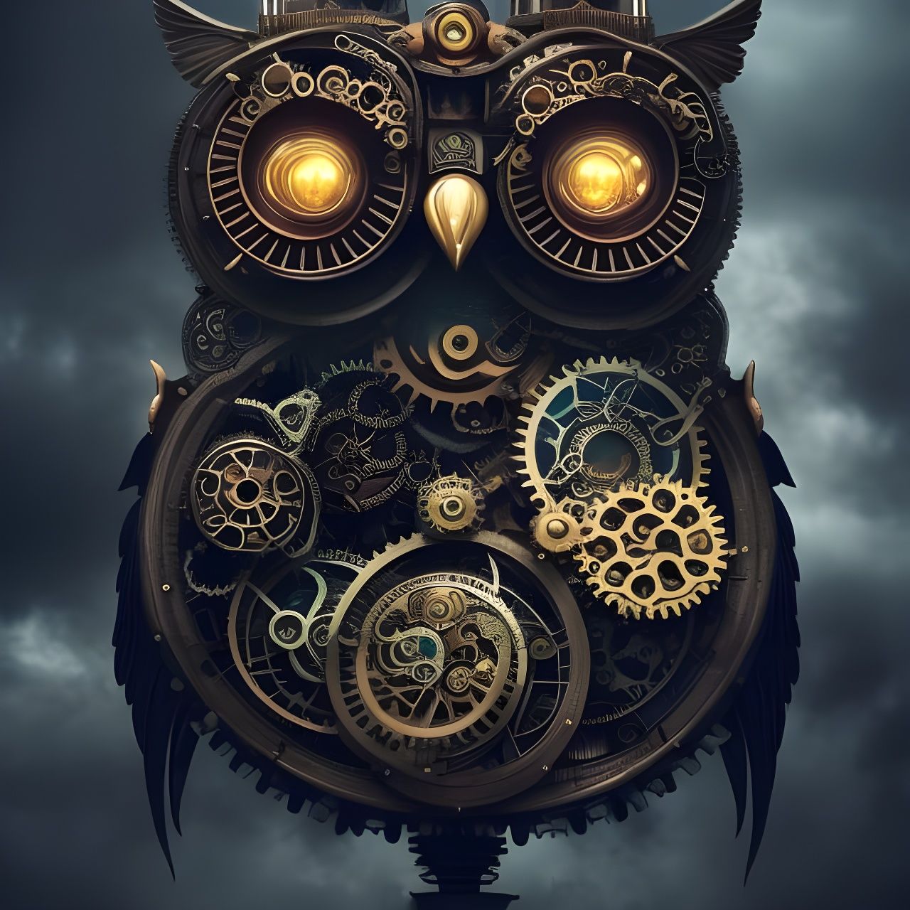 Ornate Steampunk Owl in Detailed Cityscape