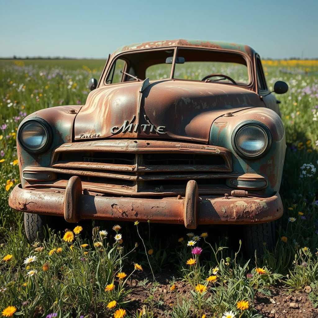 Grumpy Car Face in Wildflower Field, Hyperrealistic HDR