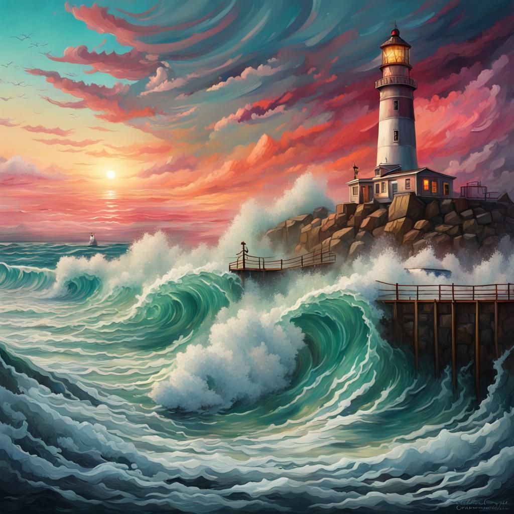 Graffiti Art: Rough Sea with Lighthouse
