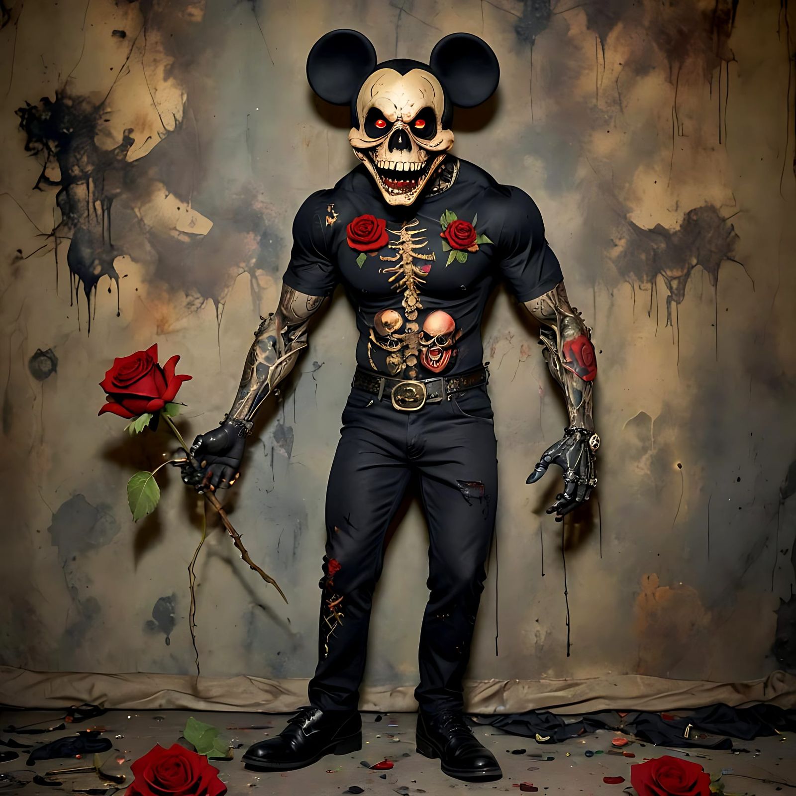 Zombie Mickey Mouse Portrait with Floral Tattoos