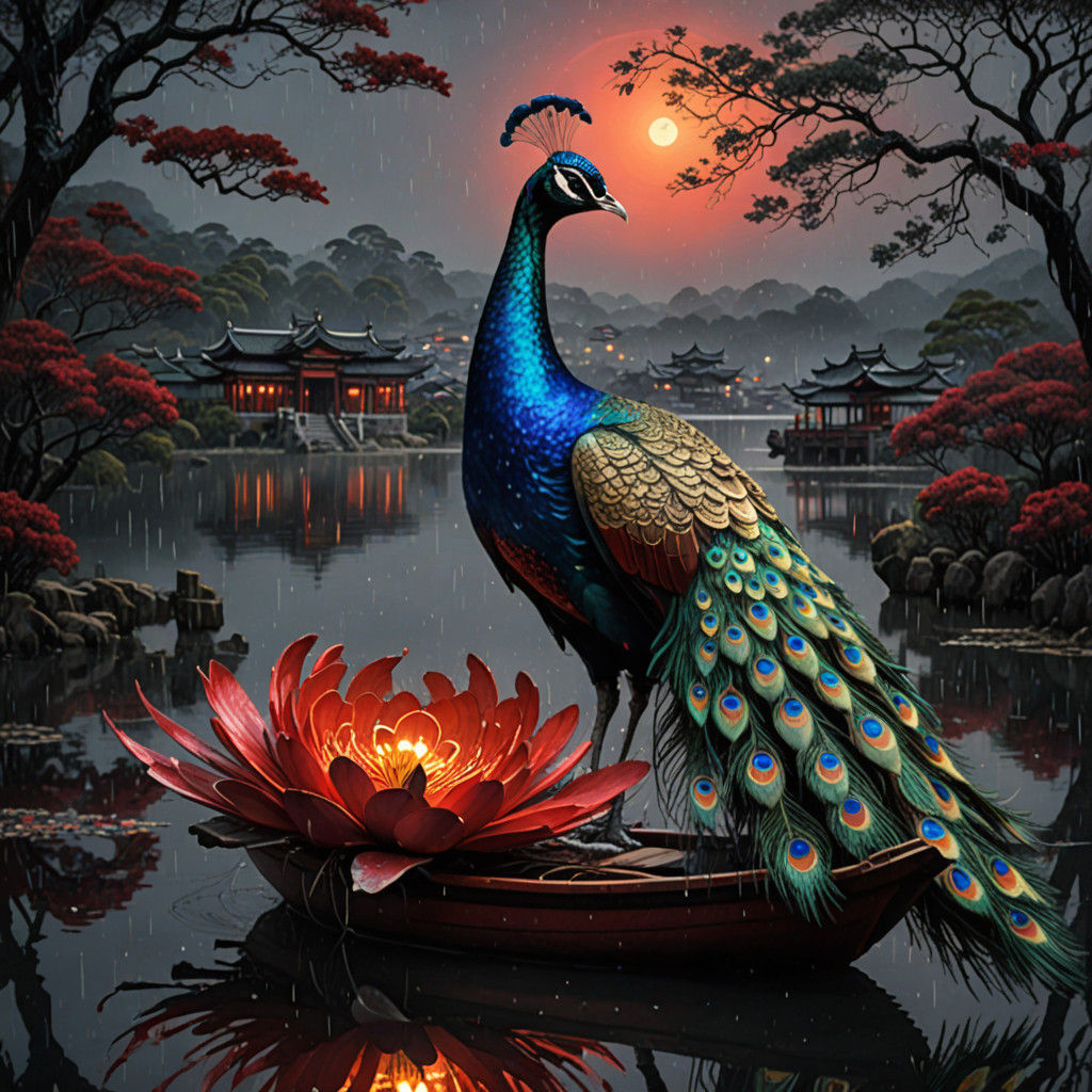 Surreal PEACOCK Sails Across Moonlit Waters in a Boat