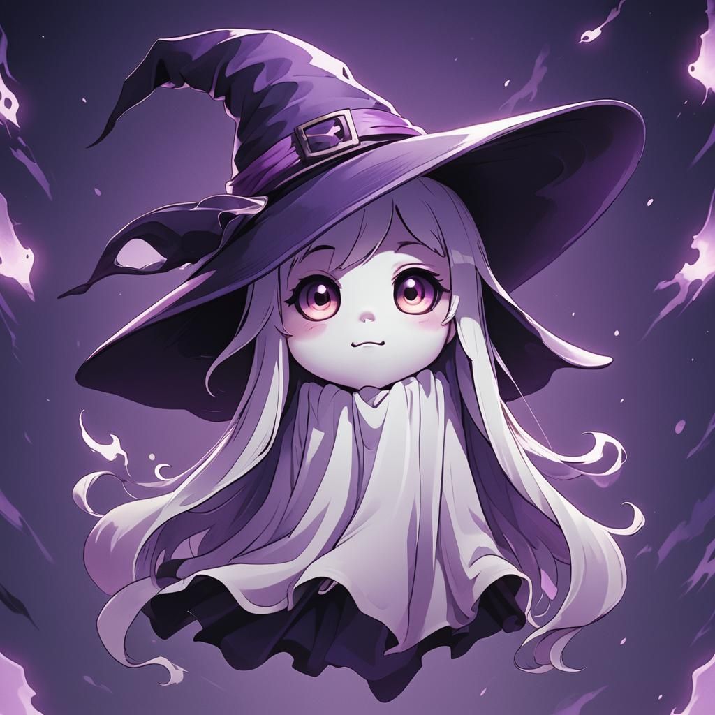 Cute Cartoon Ghost with Witch Hat, Anime Style