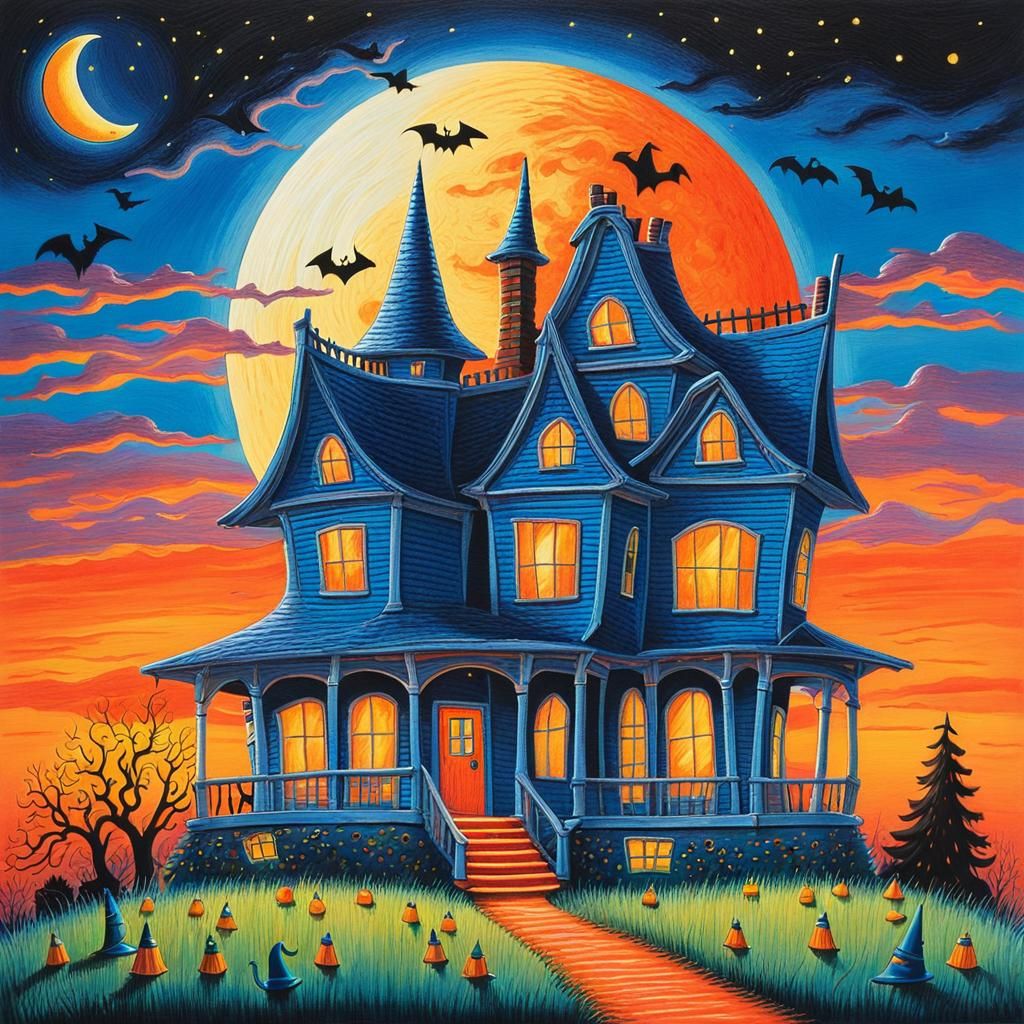 Whimsical Crayon Drawing of Haunted House with Witches