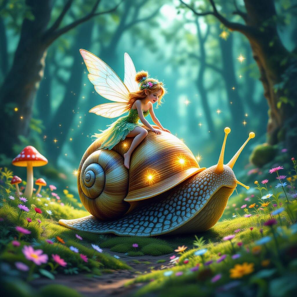Fairy Rides Bioluminescent Snail Through Whimsical Forest