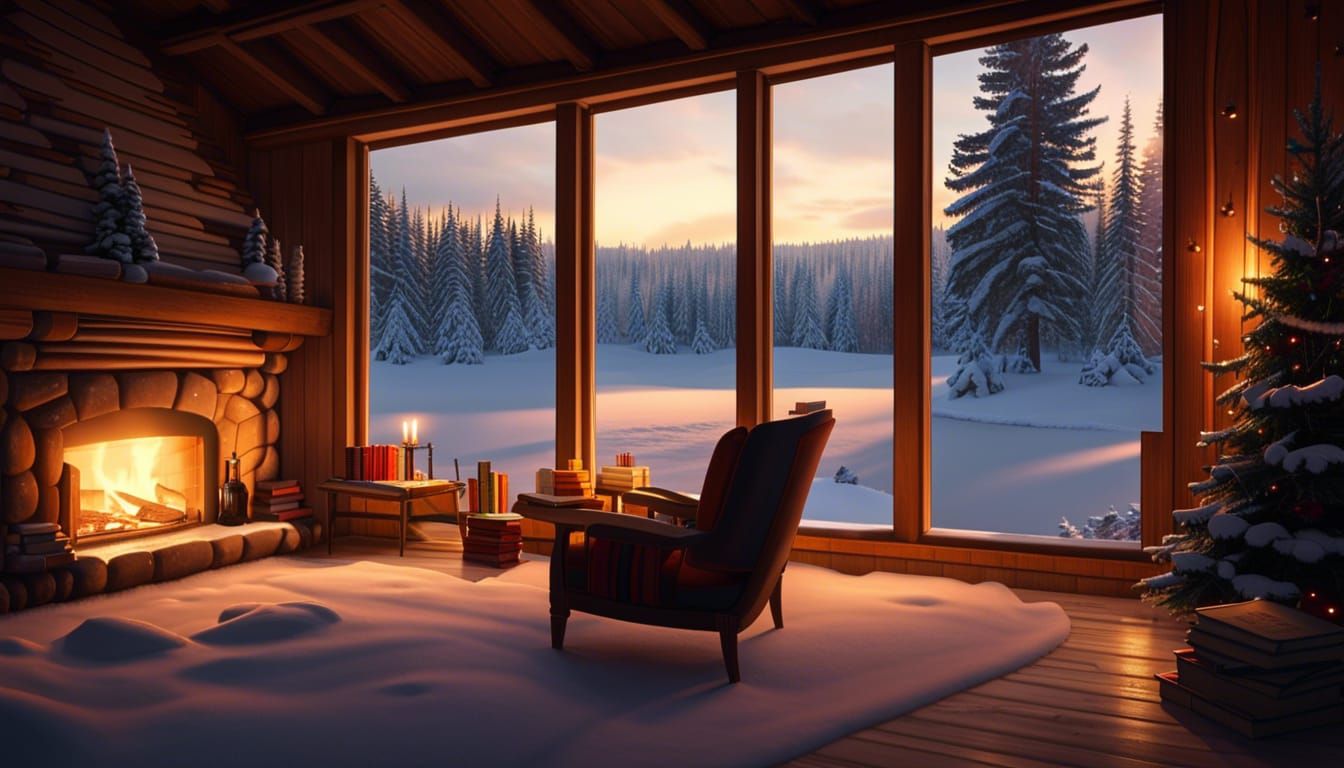 Winter Cabin Interior at Golden Hour