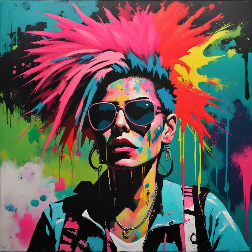 Punk Rock Woman Portrait in Abstract Impasto Style