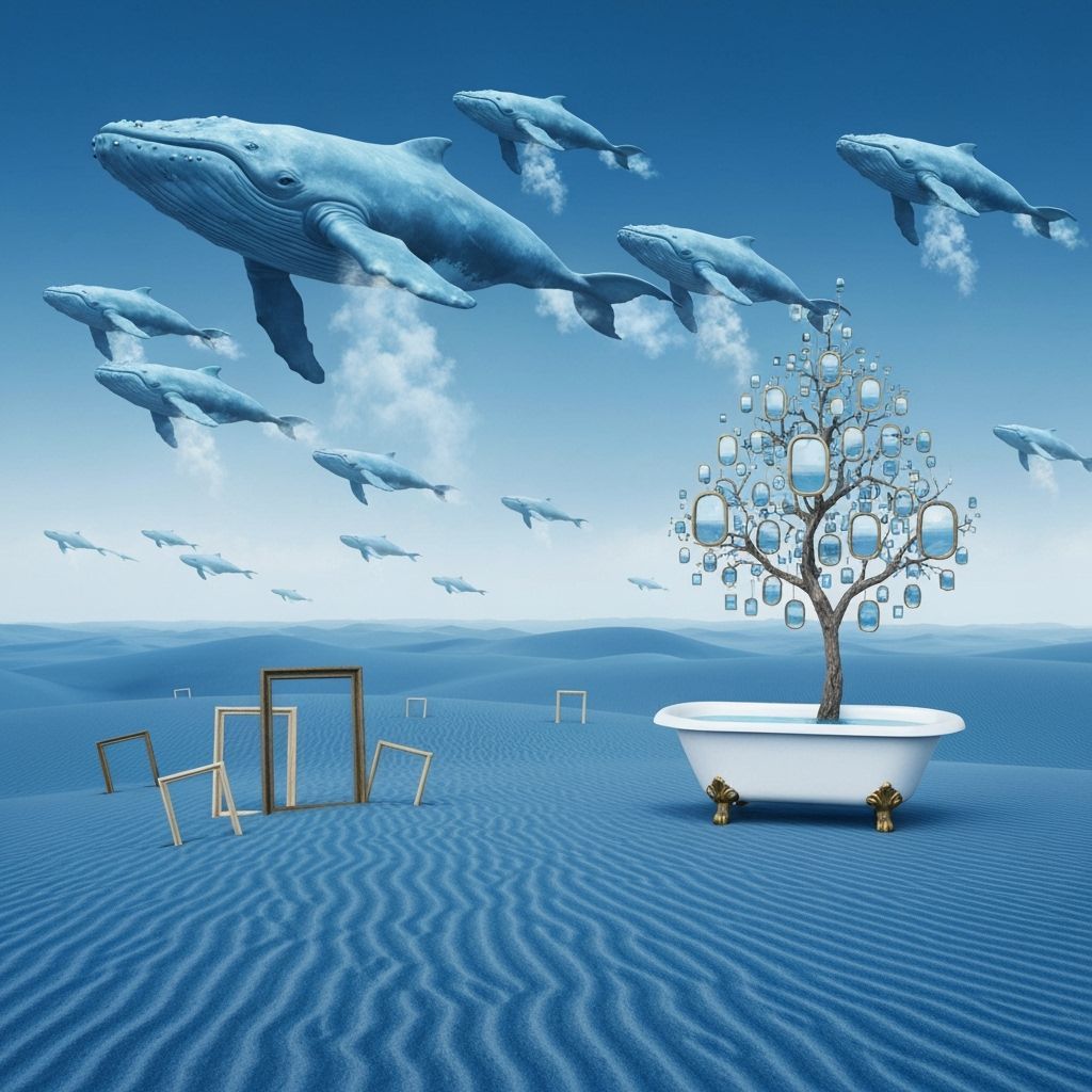 Surreal Blue Desert with Flying Whales and Empty Frames