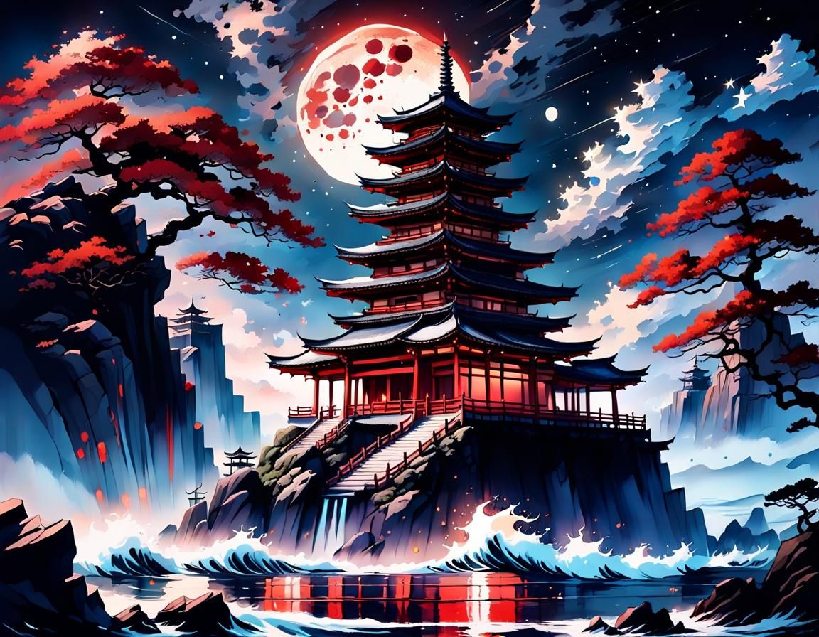 Shinto Temple Under Blood Moon: Ink Painting