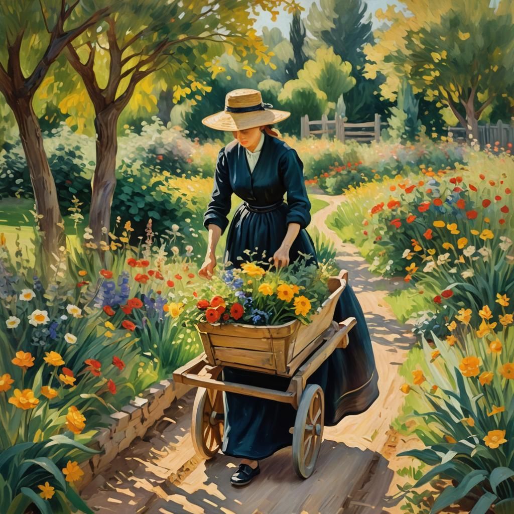Woman with Wheelbarrow in Impressionist Style
