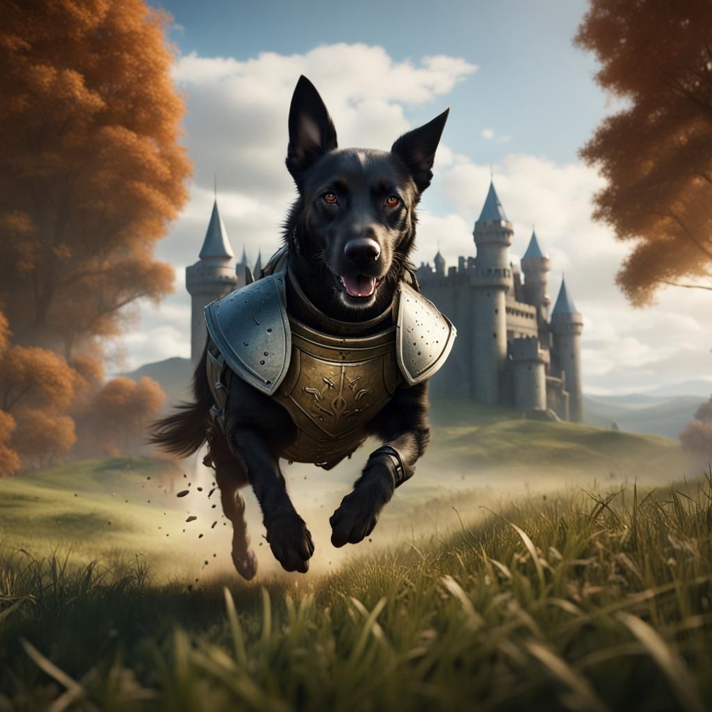 Armored Dog Running Across a Field