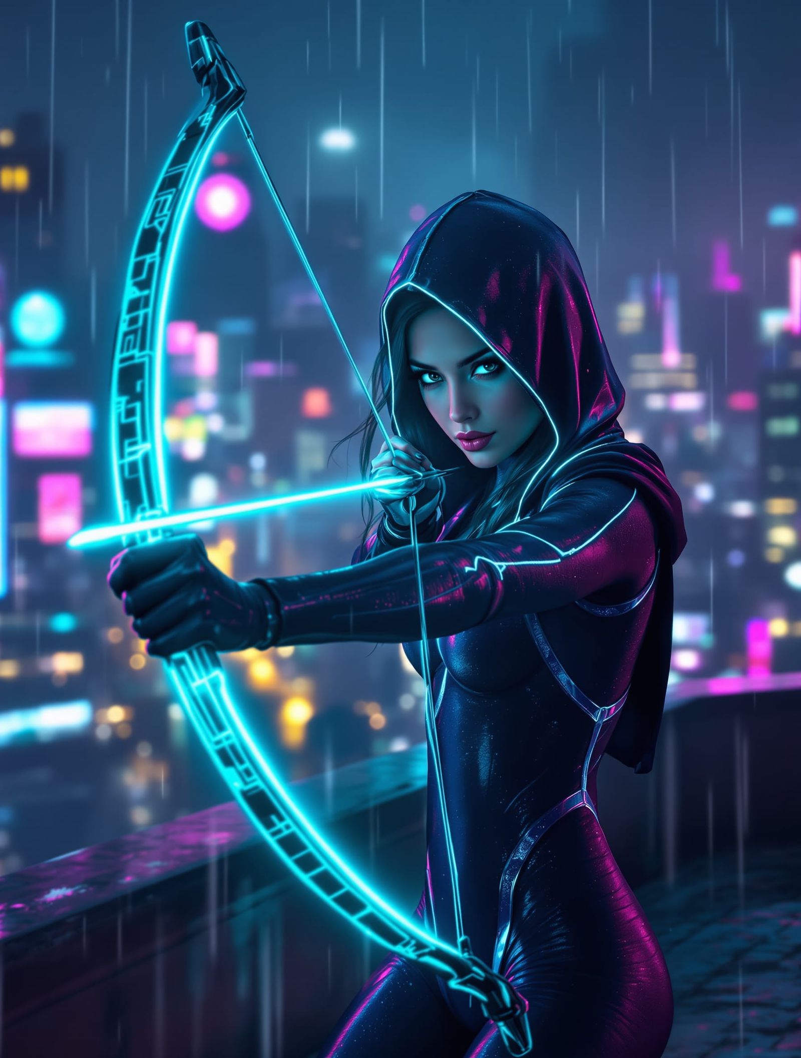 Heroine Draws Luminous Bow on Neon Rooftop